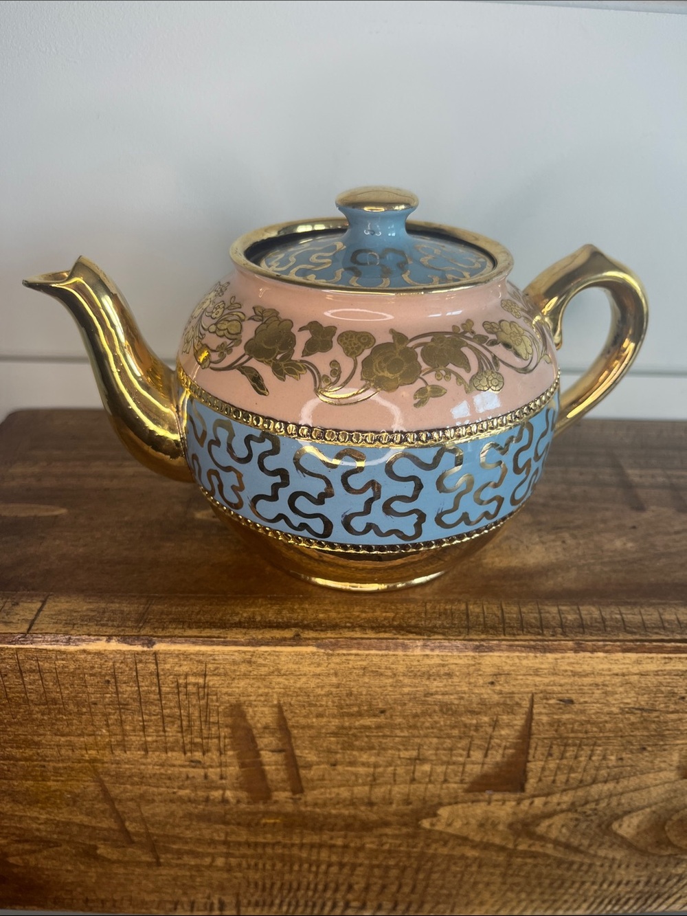 James Sadler Vintage Pink and Blue Ceramic Teapot with Gold Trim